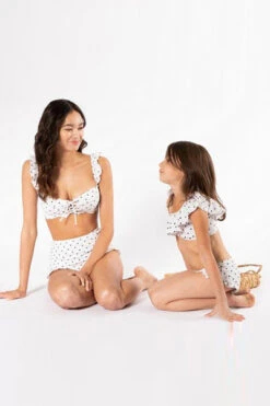 Kids Polka Dot Two Piece Ruffle One Shoulder Swimsuit-Off White & Black -LumiWear Store two piece kids k4711 creamblackdot4