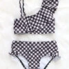 Kids Two Piece Ruffle One Shoulder Swimsuit-Gingham Print Black
