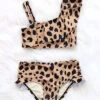 Kids Animal Print Two Piece Ruffle One Shoulder Swimsuit-Leopard Print