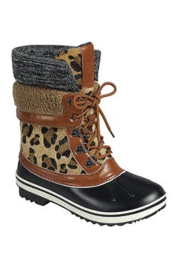 Animal Print Sherpa Fur Lace Up Rubber Duck Boots-Leopard Print
