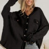 Oversized Waffle Knit Button Up Shacket Vintage Shirt Jacket-Black