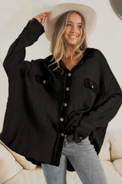 Oversized Waffle Knit Button Up Shacket Vintage Shirt Jacket-Black