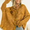 Oversized Waffle Knit Button Up Shacket Vintage Shirt Jacket-Camel Brown