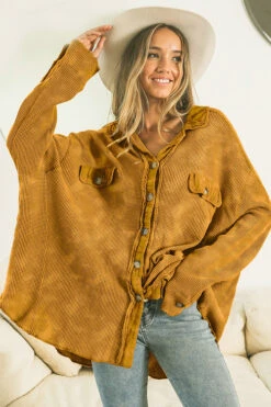 Oversized Waffle Knit Button Up Shacket Vintage Shirt Jacket-Camel Brown