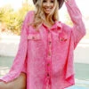 Oversized Waffle Knit Button Up Shacket Vintage Shirt Jacket-Fuchsia Hot Pink