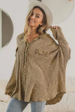 Oversized Waffle Knit Button Up Shacket Vintage Shirt Jacket-Camel Brown -LumiWear Store waffle knit buttonup ip4471 oatmeal2 2
