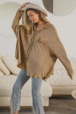 Oversized Waffle Knit Button Up Shacket Vintage Shirt Jacket-Camel Brown -LumiWear Store waffle knit buttonup ip4471 oatmeal3 2