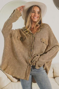 Oversized Waffle Knit Button Up Shacket Vintage Shirt Jacket-Vintage Denim Blue -LumiWear Store waffle knit buttonup ip4471 oatmeal4 3