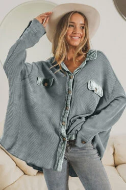 Oversized Waffle Knit Button Up Shacket Vintage Shirt Jacket-Vintage Denim Blue