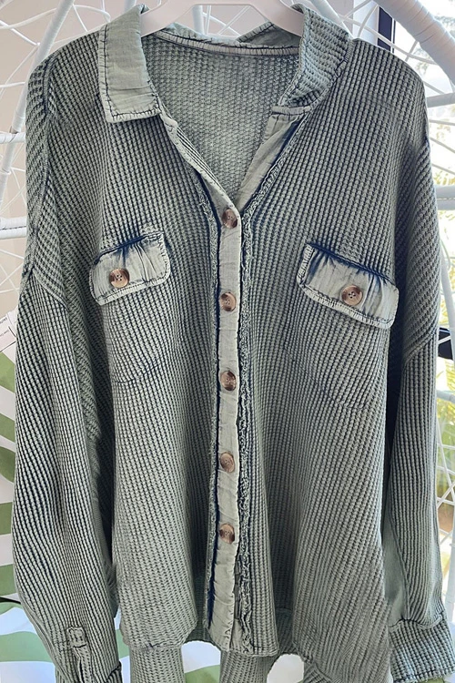 Oversized Waffle Knit Button Up Shacket Vintage Shirt Jacket-Fuchsia Hot Pink - Image 4